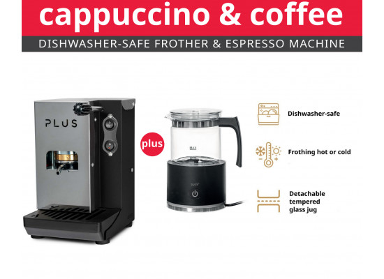 Aroma Plus ESE pods Machine & Glass milk frother that is dishwasher-safe